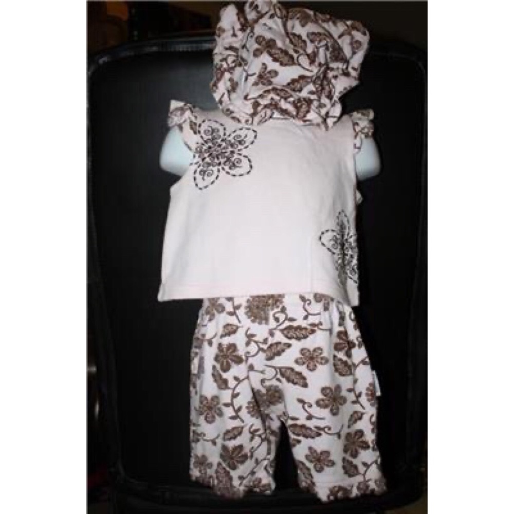 12M 3 piece pink brown flower top pants hat set